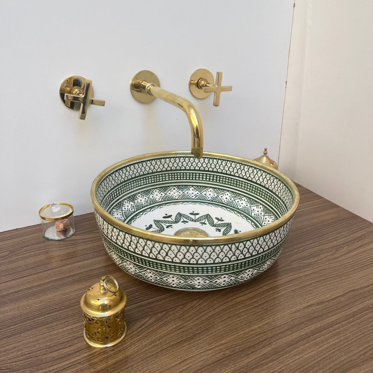 Lily - Modern Moroccan handmade washbowl with brass rim complements lavatory
