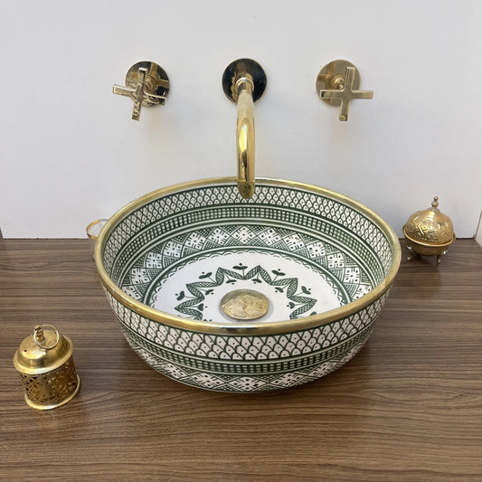 Lily - Modern Moroccan handmade washbowl with brass rim complements lavatory