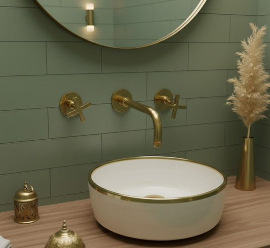 Moroccan Fez Design Sink – Handmade Porcelain Ceramic Wash Basin with Brass Rim, Scratch Stain and heat Resistant, Elegant Multiple Colors